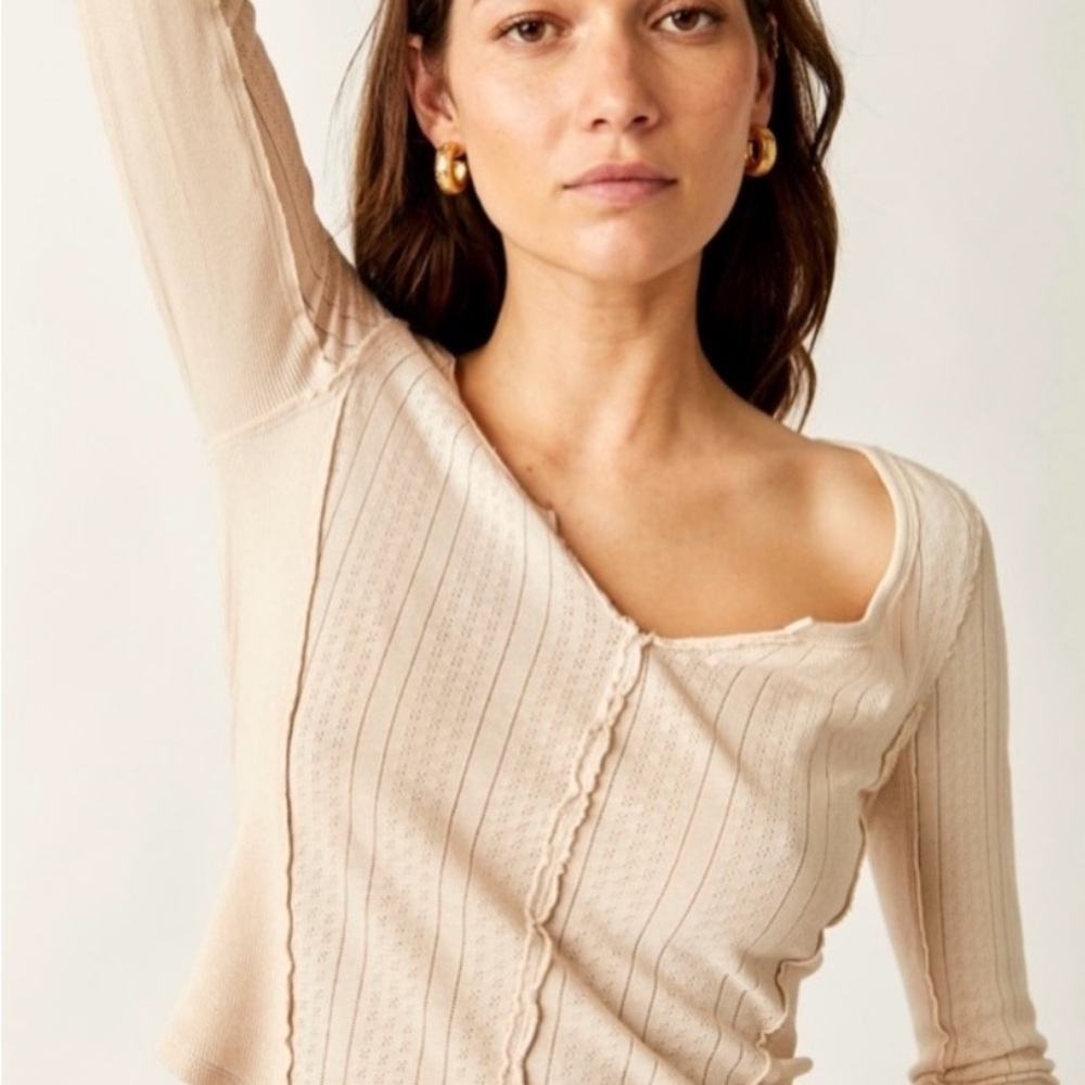 We The Free Eyes On You Pointelle  Birch Ribbed Long Sleeve Tee.